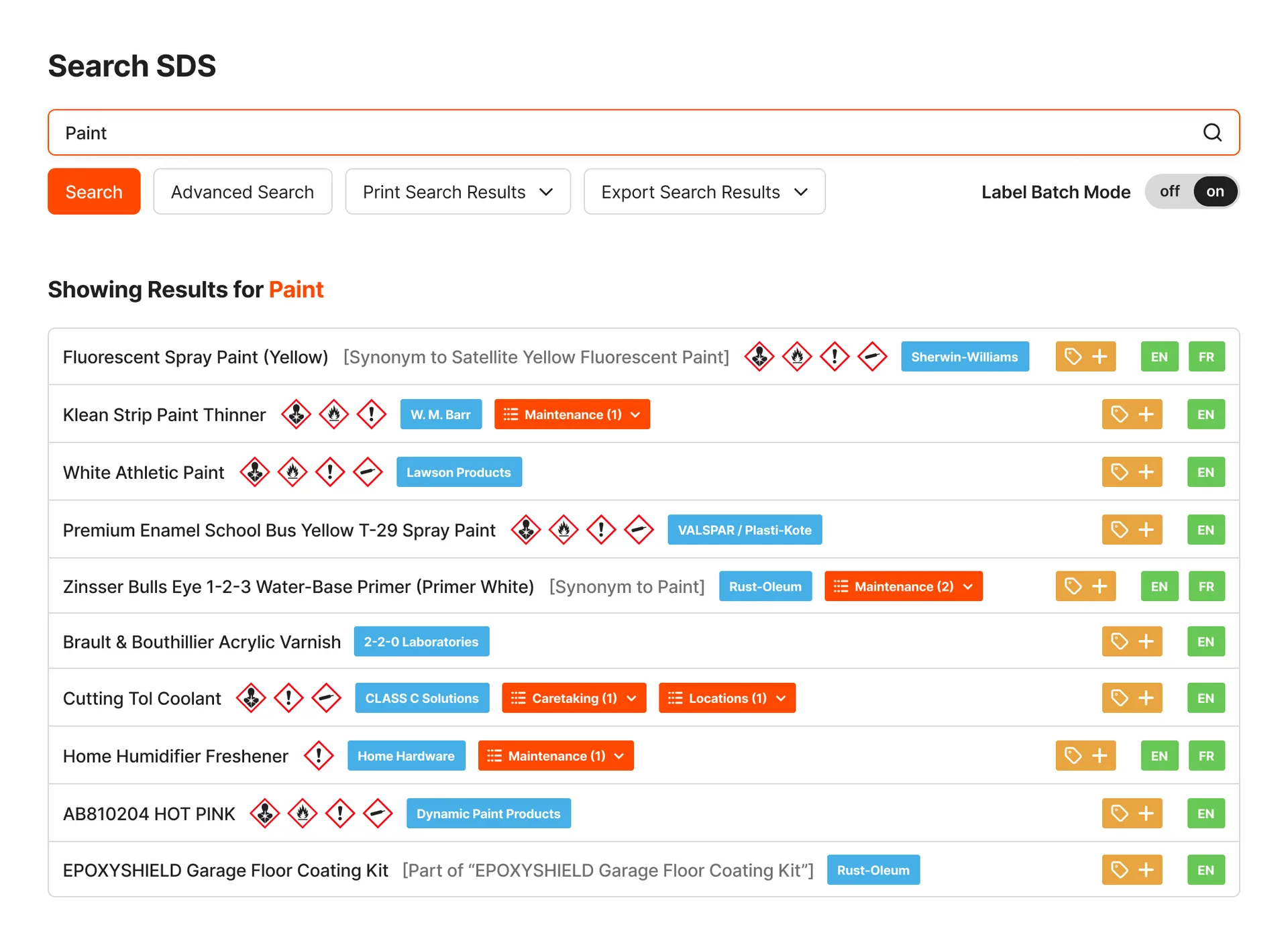 CanadaSDS software showing an SDS search results screen