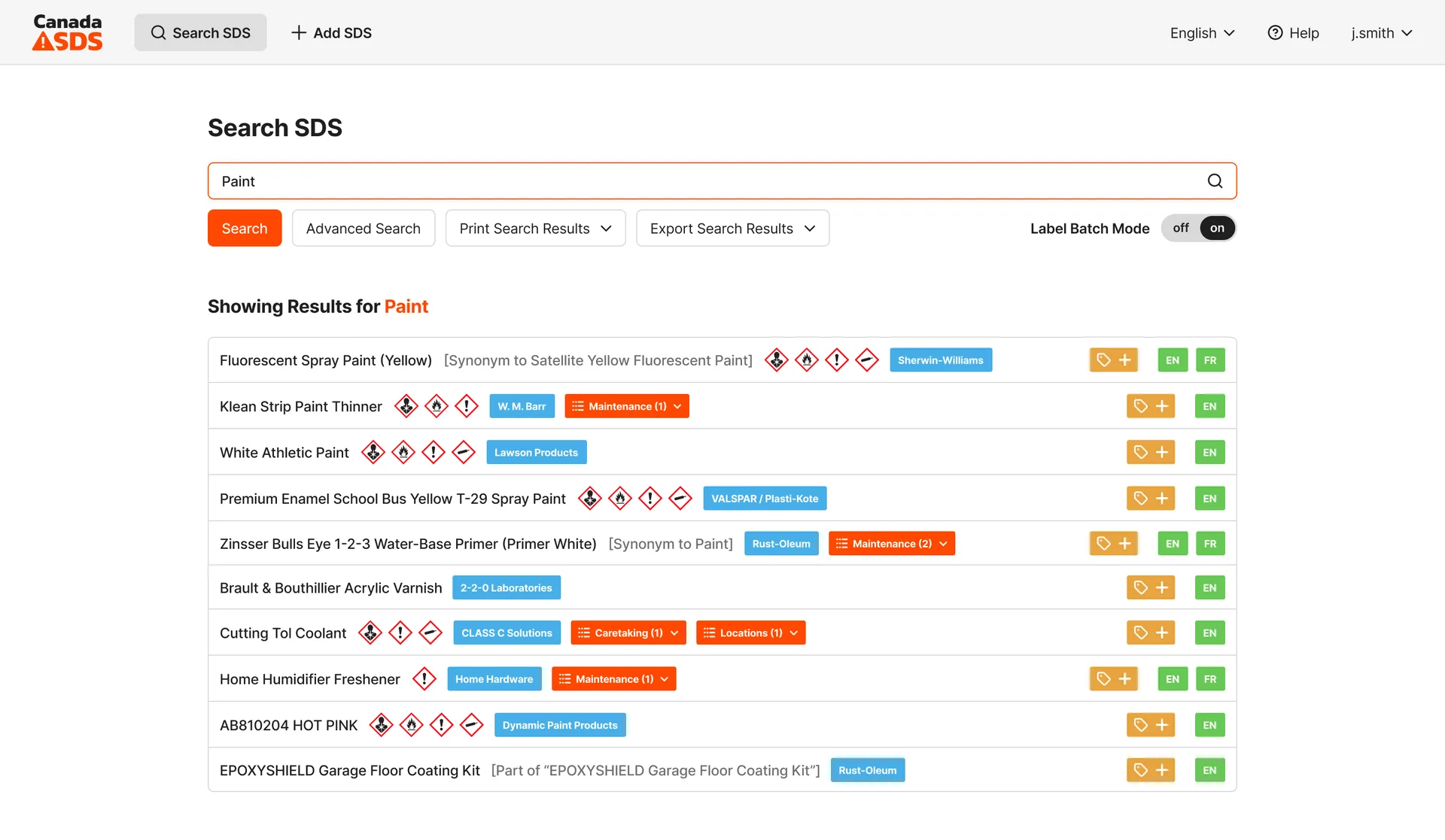 CanadaSDS application showing safety data sheet search results
